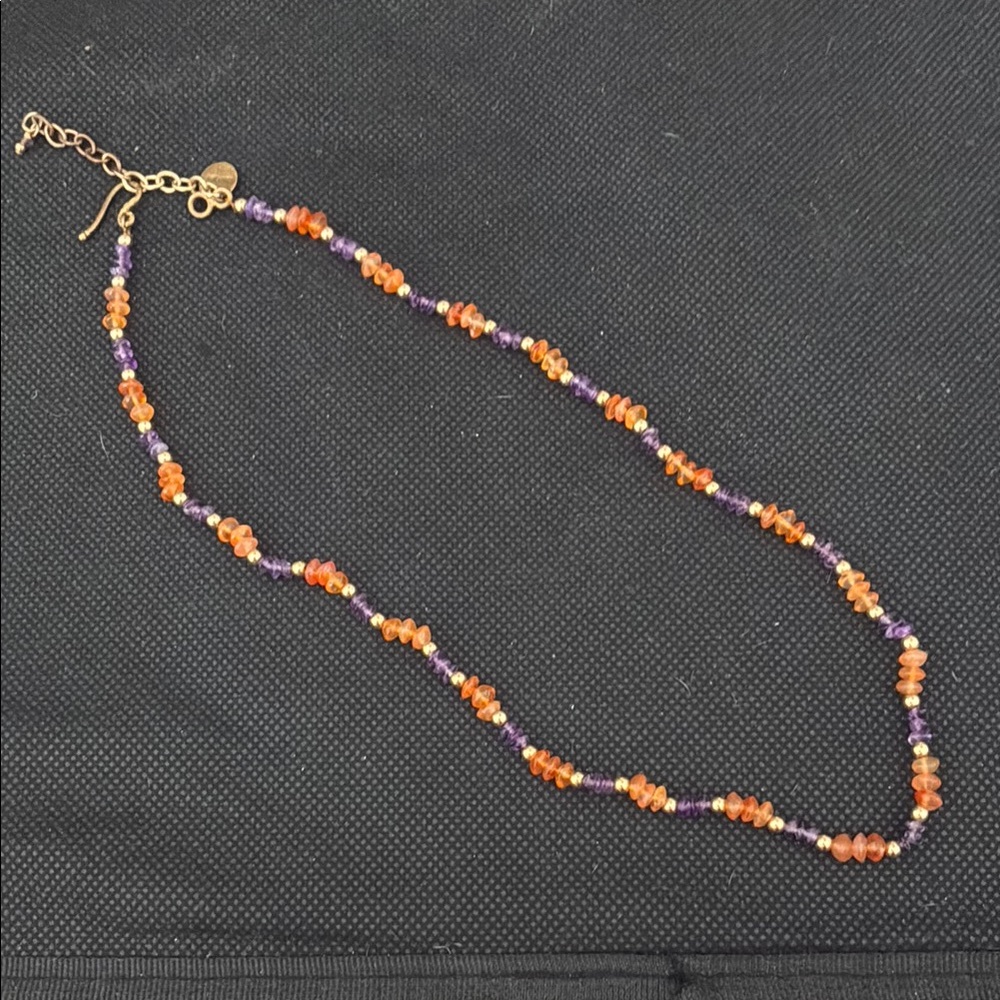 Elegant Orange and Purple Beaded Necklace with hook clasp. 16” in length